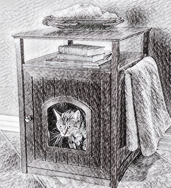 an image of a flat-pack cat box that doubles as an end table, a cat named Miniature Cat (Mini), is walking out of the entrance, a filter is applied to make it appear hand-dawn