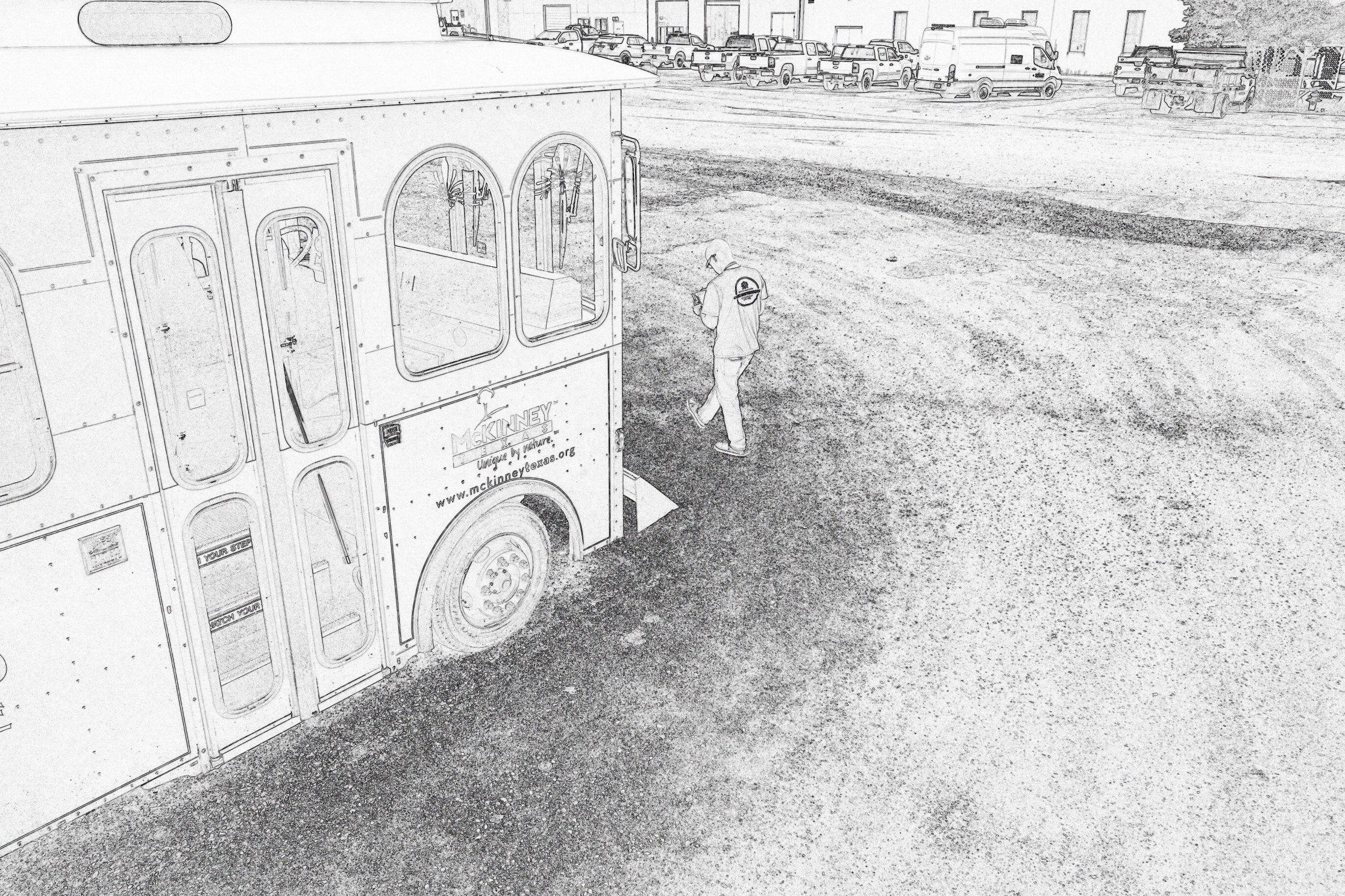 A photograph with a pencil-sketch filter showing a person walking in front of a trolley car